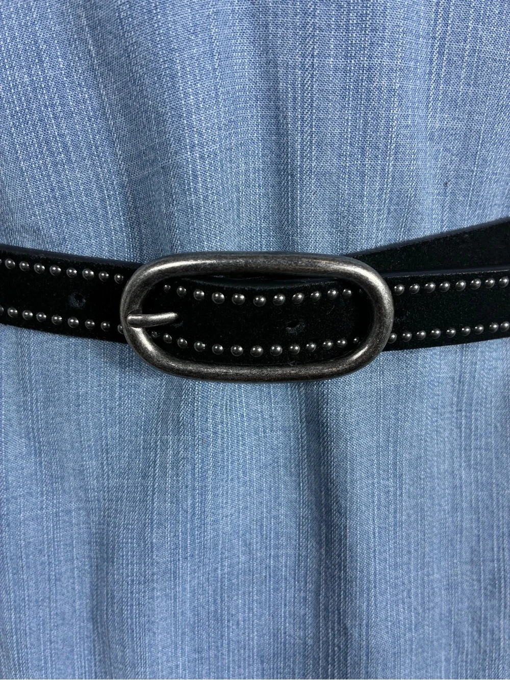 Womens belt 38” long Black Studded Suede Belt with Antique Silver Oval Buckle